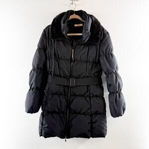 Prada Down Fur Trim Parka Puffer Coat Jacket Belted Black 42 / 12